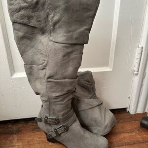 Gray Suede Knee-High Boots